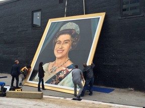 The old Winnipeg Arena's giant portrait of Queen Elizabeth was erected at downtown bar The Pint Oct. 20, 2016 in honour of the Heritage Classic.