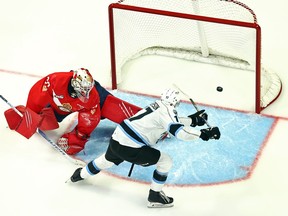 Winnipeg Ice's Owen Pederson scores on Regina Pats goalie Matthew Kieper on Oct. 7.