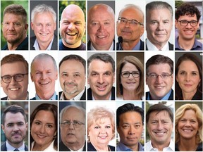 Candidates elected for mayor in Metro Vancouver, 2022. Clockwise, starting from top left: J. McEwen (Anmore), A. Leonard (Bowen Island), M. Hurley (Burnaby), R. Stewart (Coquitlam), G. Harvie (Delta), N. Pachal (Langley City), E. Woodward (Langley District), D. Ruimy (Maple Ridge), L. Buchanan (City of North Vancouver); M. Little (District of North Vancouver), N. MacDonald (Pitt Meadows), B. West (Port Coquitlam); M. Lahti (Port Moody), M. Brodie (Richmond), B. Locke (Surrey), K. Sim (Vancouver), M. Sager (West Vancouver), M. Knight (White Rock).