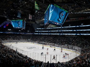 The Seattle Kraken in action against the visiting Carolina Hurricanes at Climate Pledge Arena last week.