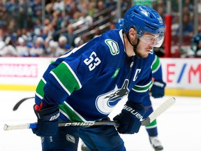 Bo Hobutt of the Vancouver Canucks prepares for a showdown during an NHL game against the Buffalo Sabers on Oct. 22, 2022.