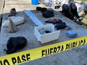 This handout picture released by Costa Rica's Public Security Ministry shows items found during the search of a small plane that crashed off the coast of Costa Rica, taken in the port of Limon, Saturday, Oct. 22, 2022.