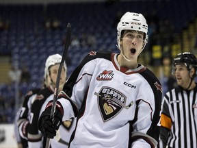 Samuel Honzek celebrates during the Vancouver Giants' 6-5 overtime win versus the Victoria Royals on Saturday in Victoria.