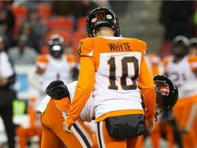 B.C. Lions kicker Sean White walks off the pitch after missing a field goal with the Toronto Argonauts leading 23-20 with under two minutes left on the clock during second half CFL football action in Toronto on Saturday, Oct. 8, 2022.
