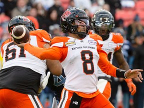 B.C. Lions quarterback Vernon Adams Jr. makes a play down field against Toronto Argonauts during the first half CFL football action in Toronto on Saturday, Oct. 8, 2022.