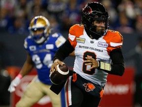 B.C. Lions quarterback Vernon Adams (8) runs for yards against the Winnipeg Blue Bombers during first half CFL action in Winnipeg Friday, October 28, 2022.