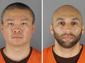 This combo of photos, provided by the Hennepin County Sheriff's Office in Minnesota, show Tou Thao, left, and J. Alexander Kueng. Keung has pleaded guilty to aiding and abetting manslaughter in the killing of George Floyd. The former police officer entered the plea Monday, Oct. 24, 2022, just as jury selection was about to begin in his trial. Jury selection for Thao was expected to begin later Monday.