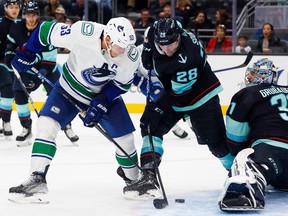 Vancouver Canucks captain Bo Horvat, left, hadn't changed his stick since his rookie season in the NHL, he figures. He's scored six goals in nine games with his new stick.