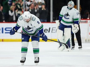 Vancouver Canucks centre J.T. Miller (9) skates off the ice after the game against the Minnesota Wild at Xcel Energy Center on Thursday. Photo: Matt Krohn-USA TODAY Sports