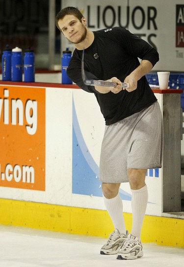 Kevin Bieksa takes a shot on the ice following Manitoba Moose Practice Tuesday, May 10, 2005.