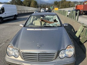 Vancouver police are seeking witnesses and dash-cam video following a bizarre incident this afternoon on the Ironworkers Memorial Bridge. Police believe a truck heading over the bridge to North Vancouver lost part of its load around 2 p.m. Oct. 7, 2022, dropping a massive metal beam onto the bridge deck.