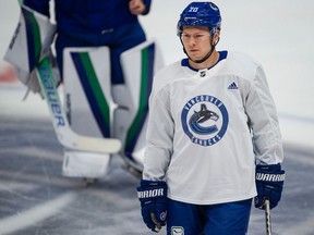 Canucks player Curtis Lazar (20) at practice at Rogers Arena in Vancouver, BC Friday, October 7, 2022. (Photo by Jason Payne/ PNG)