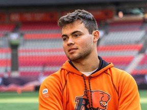 Star quarterback Nathan Rourke, shown at practice earlier this month, will play ‘about a quarter’ on Friday in Winnipeg just to get back into the rhythm of a game, says head coach Rick Campbell.