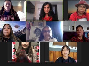 Sisters in Spirit and Amnesty International Canada held a virtual press conference on Monday, Oct. 3 2022 with family members of missing and murdered Indigenous women and girls. 
Top left to right: Lorelei Williams: cousin of Tanya Holyk who was killed by Robert Pickton and her aunt Belinda Williams has been missing for 40 years; Habibah Haque: Ammenesty International; Sheila Poorman: mother of deceased Chelsea Poorman. 
Middle left to right; Kukpi7 Judy Wilson: of the Union of BC Indian Chiefs; Bridget Tolley: mother Gladys was killed in 2001;  Brenda Wilson: older sister of deceased Ramona Wilson.
Bottom Left to right: Josie August: a relative of deceased Noelle O?Soup; Natasha Harrison: mother of deceased Tatyanna Harrison