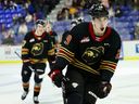 Samuel Honzek of the Vancouver Giants celebrates his goal against the Kamloops Blazers on October 23 at the Langley Event Center.