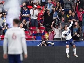 Vancouver Whitecaps' Ryan Gauld celebrates his goal against Austin FC during the first half of an MLS soccer game in Vancouver, on Saturday, October 1, 2022.