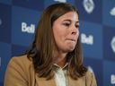 Stephanie Labbé, the Vancouver Whitecaps’ new general manager of women’s soccer, pauses as she speaks about past abuse and misconduct in the organization on the women’s side at Thursday's news conference announcing her hiring.
