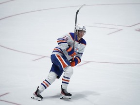 Edmonton Oilers' Jake Virtanen skates during the second period of a pre-season NHL hockey game against the Vancouver Canucks in Abbotsford, B.C., on Wednesday, October 5, 2022.