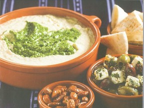 Serve this hummus and jalapeno-cilantro pesto on flatbread accompanied by a pale dry rosé from Provence.