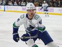 Elias Petterson of the Vancouver Canucks will skate in the first period of Saturday's game against the Vegas Golden Knights at T-Mobile Arena in Las Vegas.