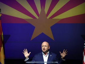 U.S. Sen. Mark Kelly (D-AZ) delivers remarks to supporters at his election night rally at the Rialto Theatre on November 08, 2022 in Tucson, Arizona. Senator Mark Kelly is running for reelection against his Republican opponent Blake Masters.