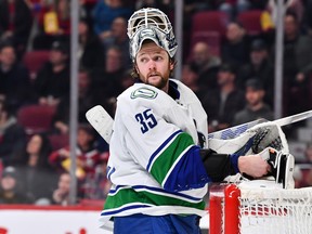 Vancouver Canucks goaltender Thatcher Demko gears up during the second period against the Montreal Canadiens at the Bell Center on November 9, 2022. The Montreal Canadiens beat the Vancouver Canucks 5-2.