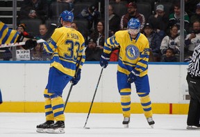 Daniel Sedin and Henrik Sedin during the Hockey Hall of Fame Legends Classic game at Scotiabank Arena in Toronto on Sunday, November 13, 2022