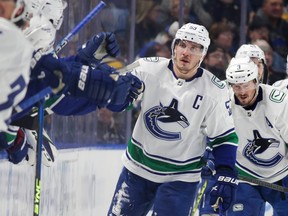 Bo Horvat of the Vancouver Canucks celebrates his goal during an NHL game against the Sabres at the KeyBank Center on Nov. 15 in Buffalo.