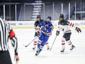 American centre James Hagens, shown here from earlier in the World Under-17 Hockey Challenge torment against Canada White, leads his squad up against Canada Red in the final tonight at 7 p.m. at the Langley Events Centre.