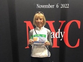 Seventy-seven-year-old Diane Leonard of Kelowna won her class at the New York City Marathon last Sunday. With temperatures hitting 25 C, it was the hottest such race in almost 40 years. Photo: Contributed