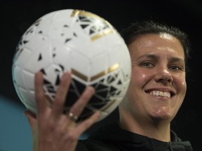 Canadian soccer player Christine Sinclair smiles during a media interview in Vancouver, British Columbia, Tuesday, February 11, 2020. Sinclair looks back on her outstanding football career and presents challenges for her future in her new memoir. 