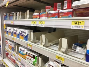 Cough and cold medication on the shelves of a store in Vancouver, B.C. in 2020.