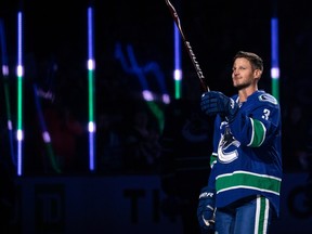 Former Vancouver Canucks player Kevin Beeksa was honored ahead of a game between the Vancouver Canucks and the Anaheim Ducks in Vancouver on Thursday, November 3, 2022.