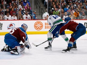 Vancouver Canucks centre Elias Pettersson (40) attempts to shoot the puck between his legs against the Colorado Avalanche in a game last season.