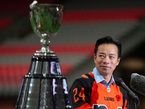 Vancouver and the BC Lions have been chosen to host the 111th CFL Grey Cup game in 2024, it was announced at BC Place Stadium Thursday, November 3, 2022. On-hand for the announcement was mayor-elect Ken Sim (centre). (Photo by Jason Payne/ PNG)