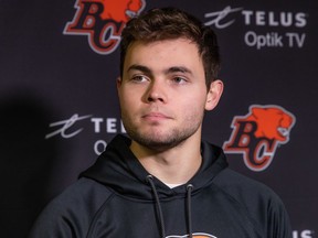 B.C. Lions Nathan Rourke answers questions at the team's final media availability on Wednesday in Surrey.