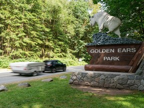 A camper drives into Golden Ears Provincial Park in Maple Ridge.
