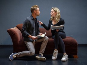 Andrew Jenkins and Leah Gibson rehearse a scene from the David Ives penned play Venus in Fur. The pair are producing the play with Vancouver’s Railtown Actors Studio Lab. The production runs Nov. 24-Dec. 4 at The NEST on Granville Island. Photo: Arlen Redekop