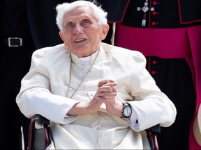 Pope Emeritus Benedict XVI gestures at the Munich Airport before his departure to Rome, June 22, 2020.
