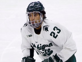 FILE - Michigan State's Jagger Joshua plays during an NCAA hockey game on Saturday, Oct. 16, 2021, in East Lansing, Mich.