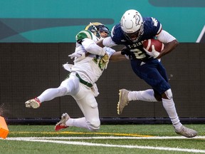University of Regina Rams Donovin Small can't tackle UBC Thunderbirds Shemar McBean before he scores a touchdown in playoff game at Mosaic Stadium on Saturday, Nov. 5, 2022 in Regina.