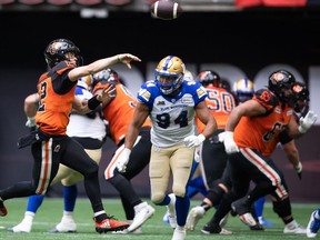 Blue Bombers defenders like lineman Jackson Jeffcoat (above) will keep looking to apply the pass-rush heat to Lions quarterback Nathan Rourke, who is still recovering from a long-term foot injury, in this Sunday’s CFL West Division final at Winnipeg’s IG Field.
