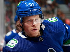 Sheldon Dries of the Vancouver Canucks looks on from the bench during a game against the Arizona Coyotes at Rogers Arena. Photo: Jeff Vinnick/NHLI via Getty Images