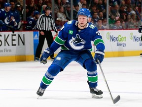 Curtis Lazar of the Vancouver Canucks walks on ice during a game against the Buffalo Sabers at Rogers Arena.