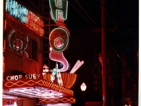 The neon Ho Ho Chop Suey Restaurant sign on 102 E. Pender St. in 1983.