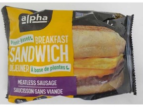 A package of alpha brand's Plant-Based Breakfast Sandwich – Meatless Sausage is pictured in this supplied photo.