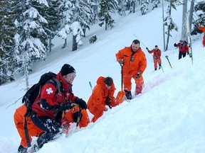 Avalanche training involving ski patrollers and military search and rescue technicians at the Mount Washington ski resort on Vancouver Island.