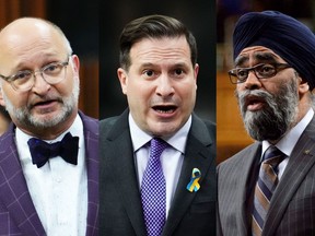 Minister of Justice and Attorney General of Canada David Lametti, left to right, in this three-photo composite image, Public Safety Minister Marco Mendicino and Minister of International Development Harjit Sajjan are pictured during question period on three separate days in the House of Commons on Parliament Hill in Ottawa.