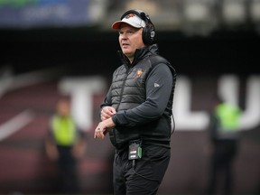 B.C. Lions head coach Rick Campbell watches from the sideline during the second half of a CFL football game against the Winnipeg Blue Bombers in Vancouver on Saturday, October 15, 2022.