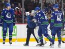 Vancouver Canucks goalie Thatcher  Demko, who had made a series of stellar saves, made the original stop on the shot in which he was injured and then reached back awkwardly.